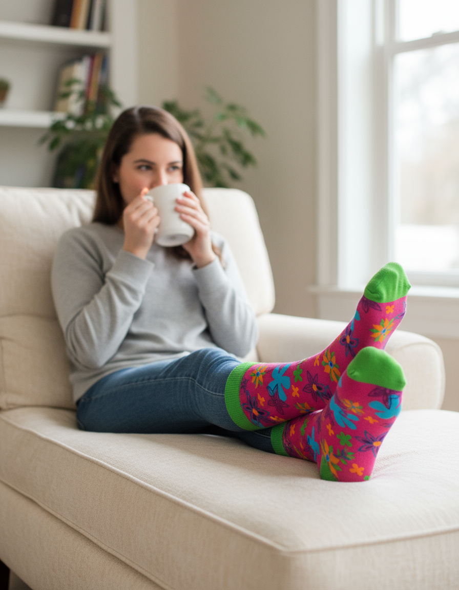 Woman sitting on a couch wearing colorful socks and holding a mug.