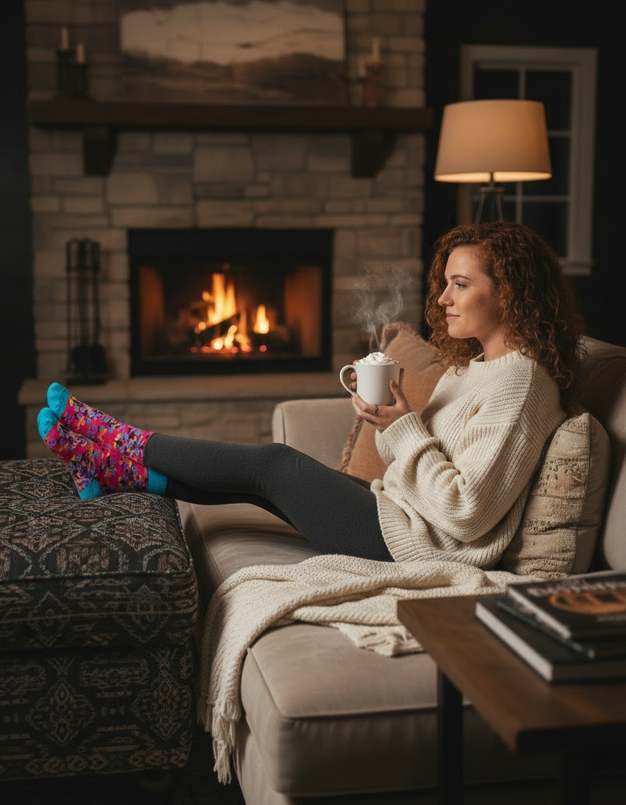 Woman sitting on a couch by a fireplace holding a mug, wearing colorful socks.