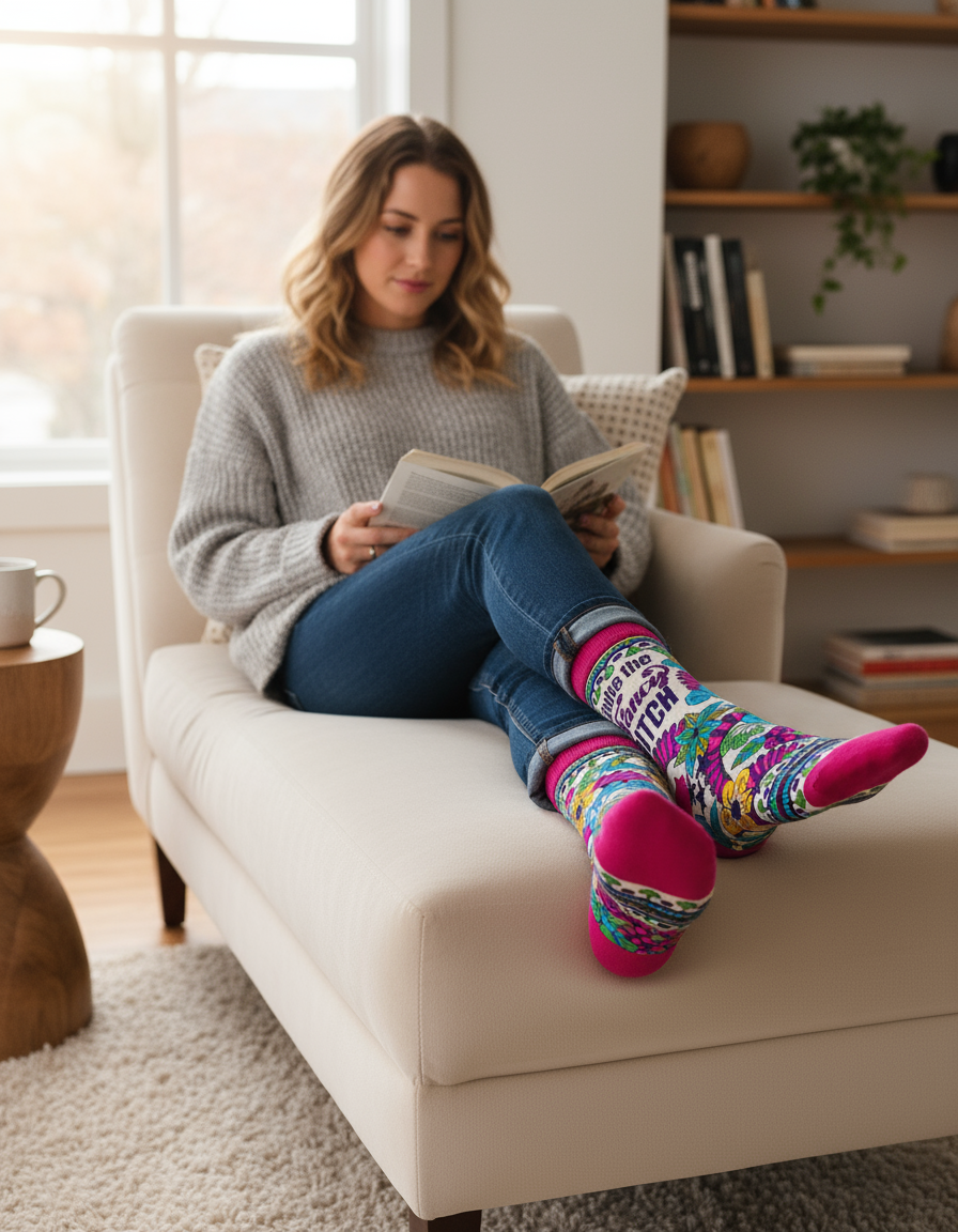 Woman reading a book on a couch wearing colorful socks in a cozy living room.