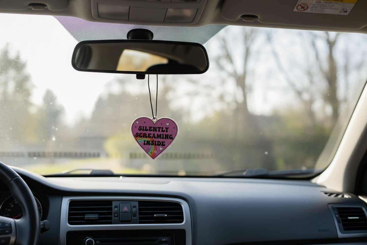 Heart-shaped pendant with 'Silently Screaming Inside' text and rainbow design on a white background