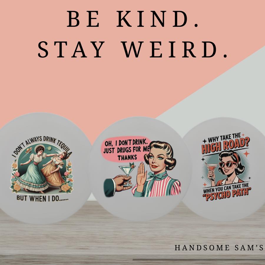 Glossy 4x4 ceramic coasters with funny sayings and quirky designs on a wooden board.