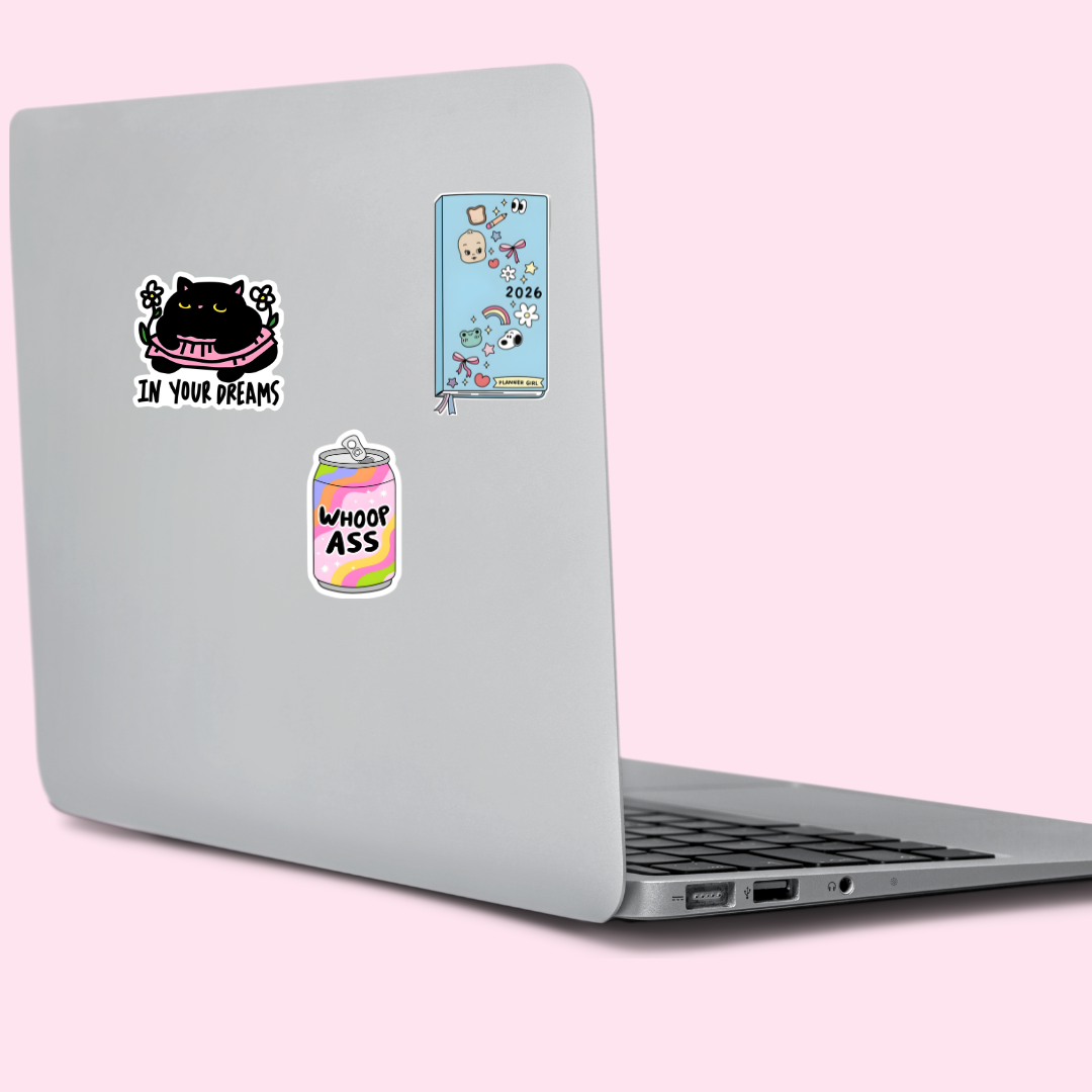 Stickers: Waterproof vinyl and bumper stickers with funny designs for laptops, water bottles, and more.