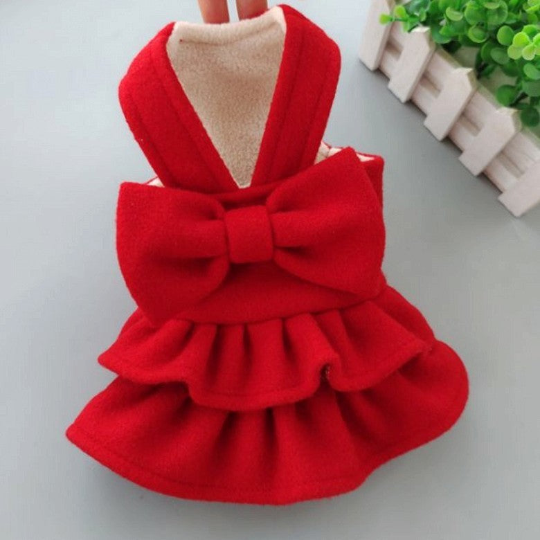 Cute Solid Color Pet Hairy New Year Christmas Dress Red