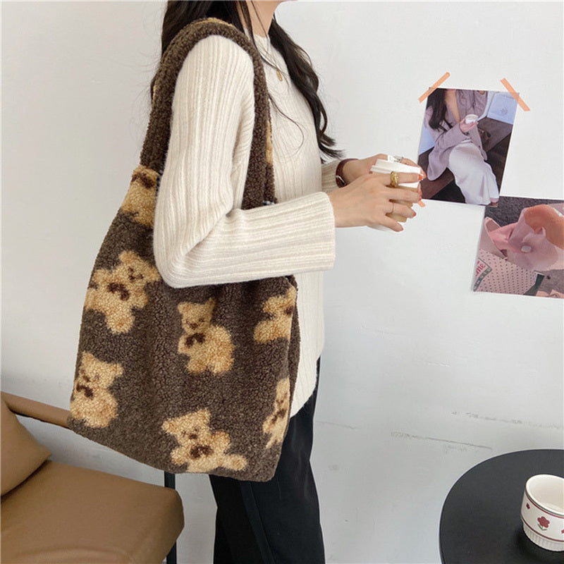 Cute Bear Print Bags Winter Lamb Shoulder Bag Women Shopping Handbags Dark brown