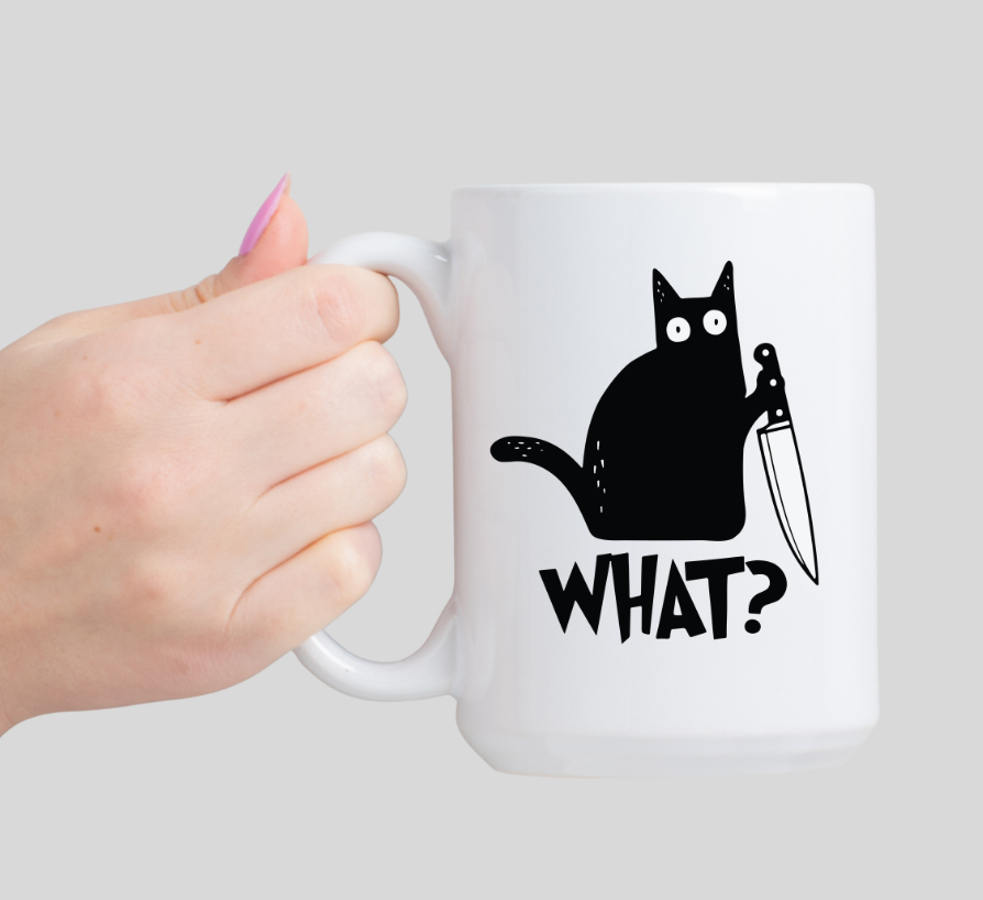 Black Cat, "What?" Ceramic Coffee Mug