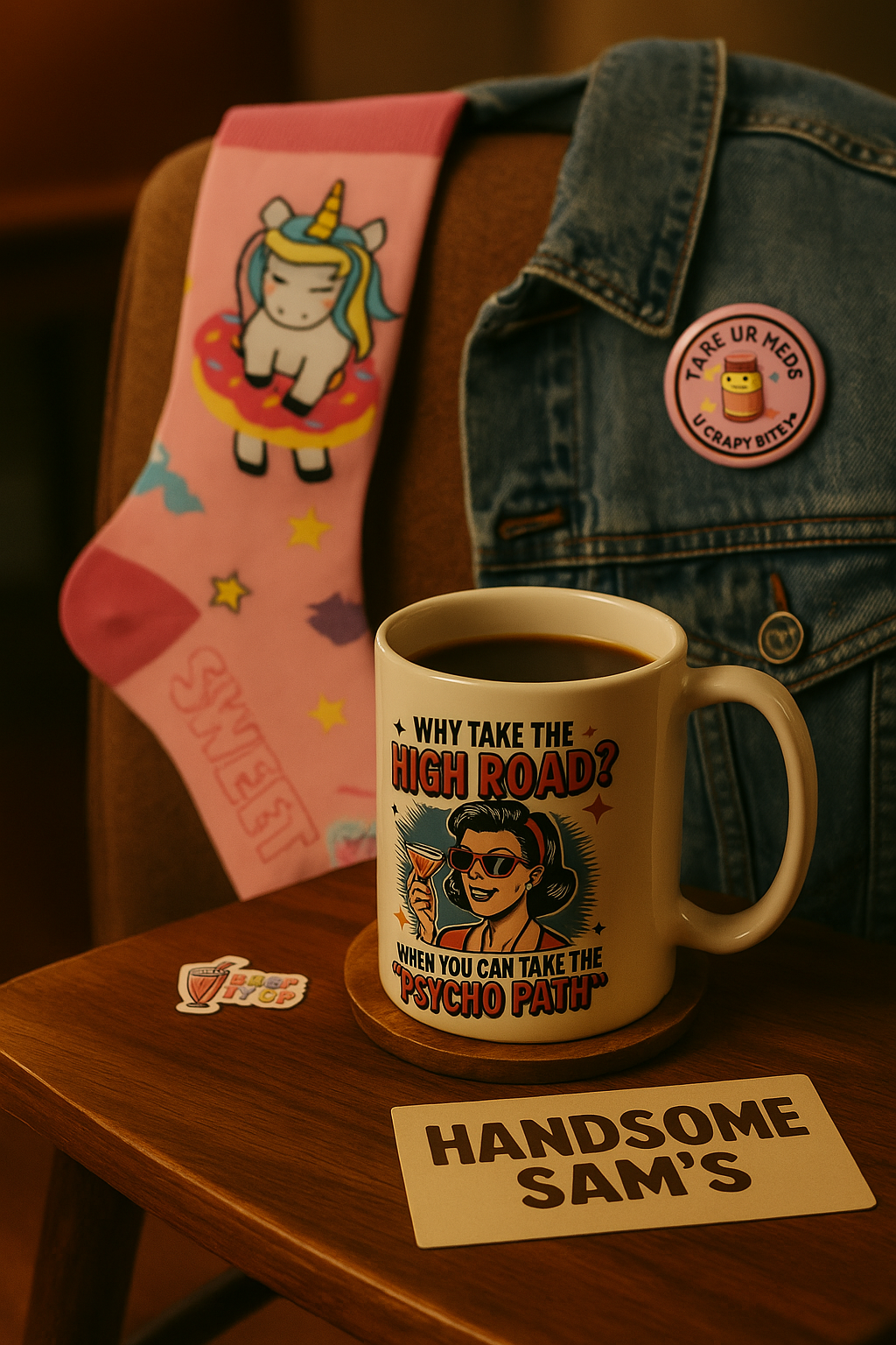 Funny 1.25 x 1.25 Round Pin Button with "Take your meds" Statement - Handsome Sam's