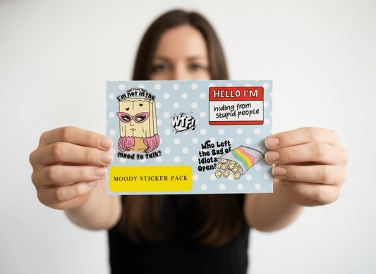 Moody Themed 6 x 4 Sticker Pack showing colorful stickers with fun phrases on a polka dot background.