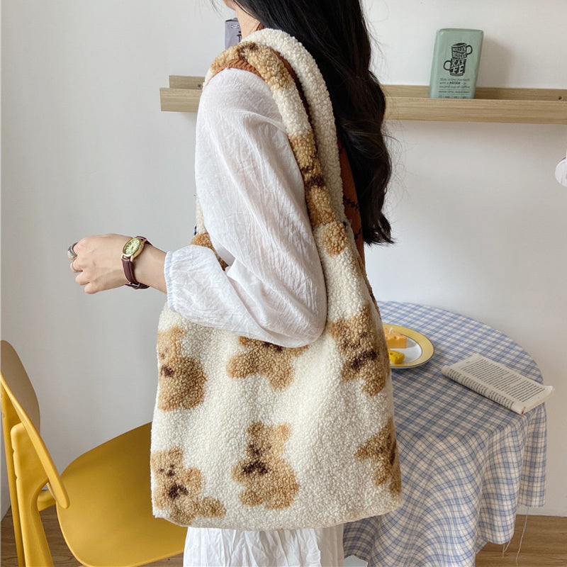 Cute Bear Print Bags Winter Lamb Shoulder Bag Women Shopping Handbags Beige