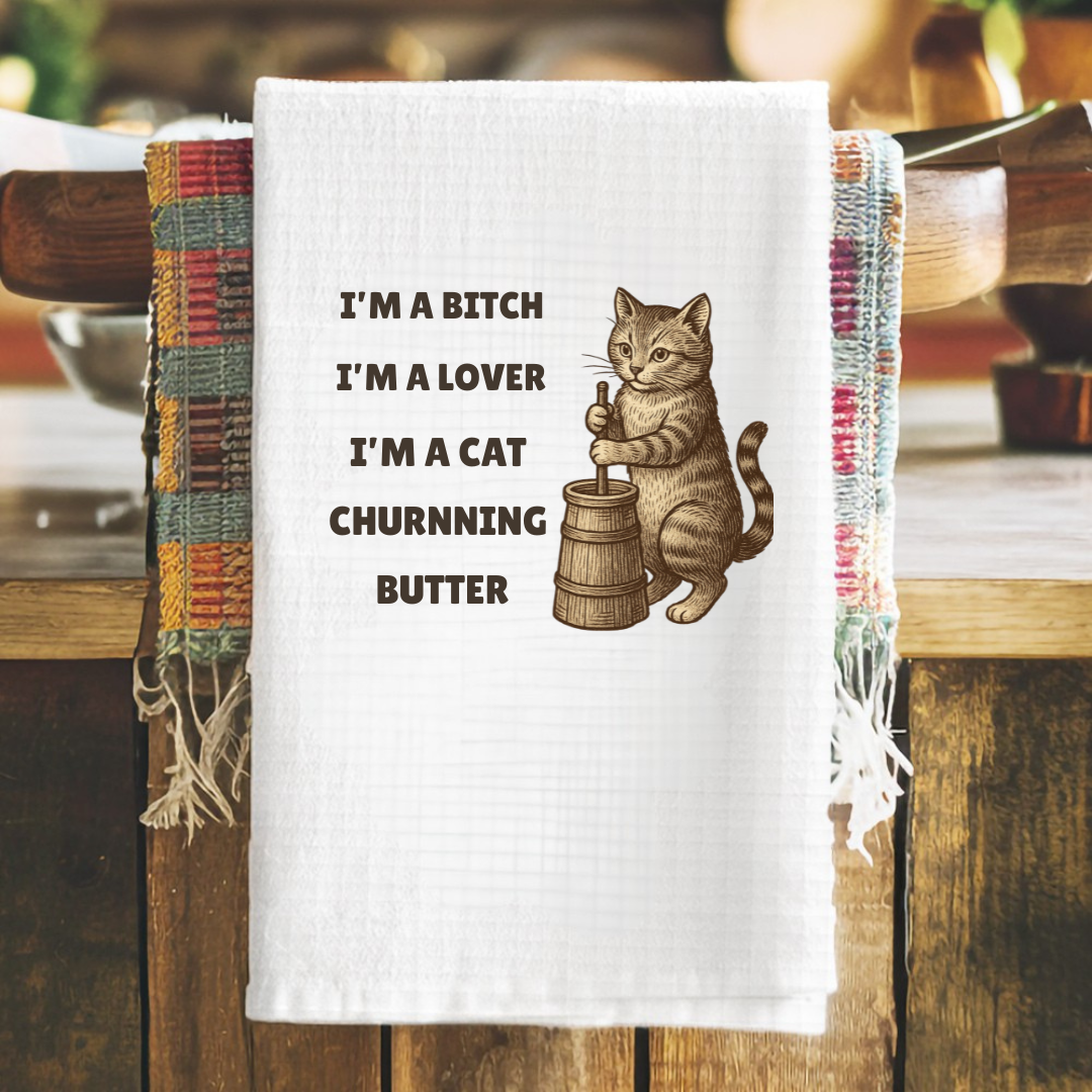 Cat Churning Butter Tea Towel