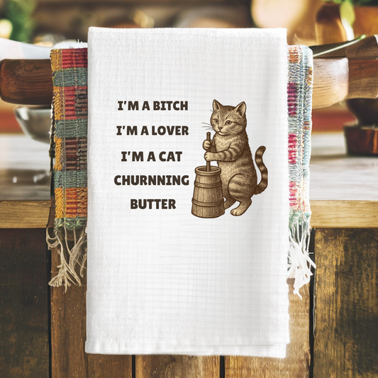 Cat Churning Butter Tea Towel