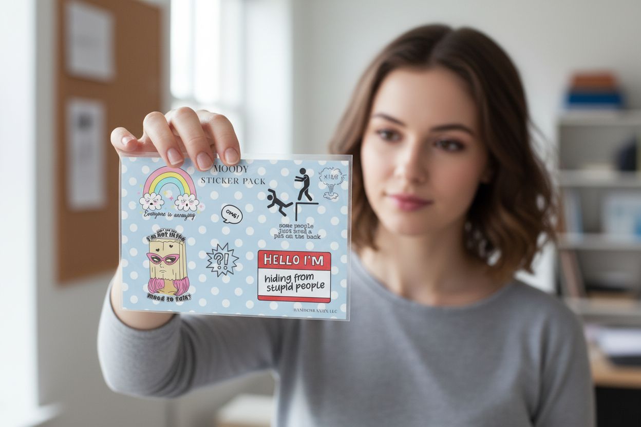 Woman holding a sticker pack with colorful designs and text.