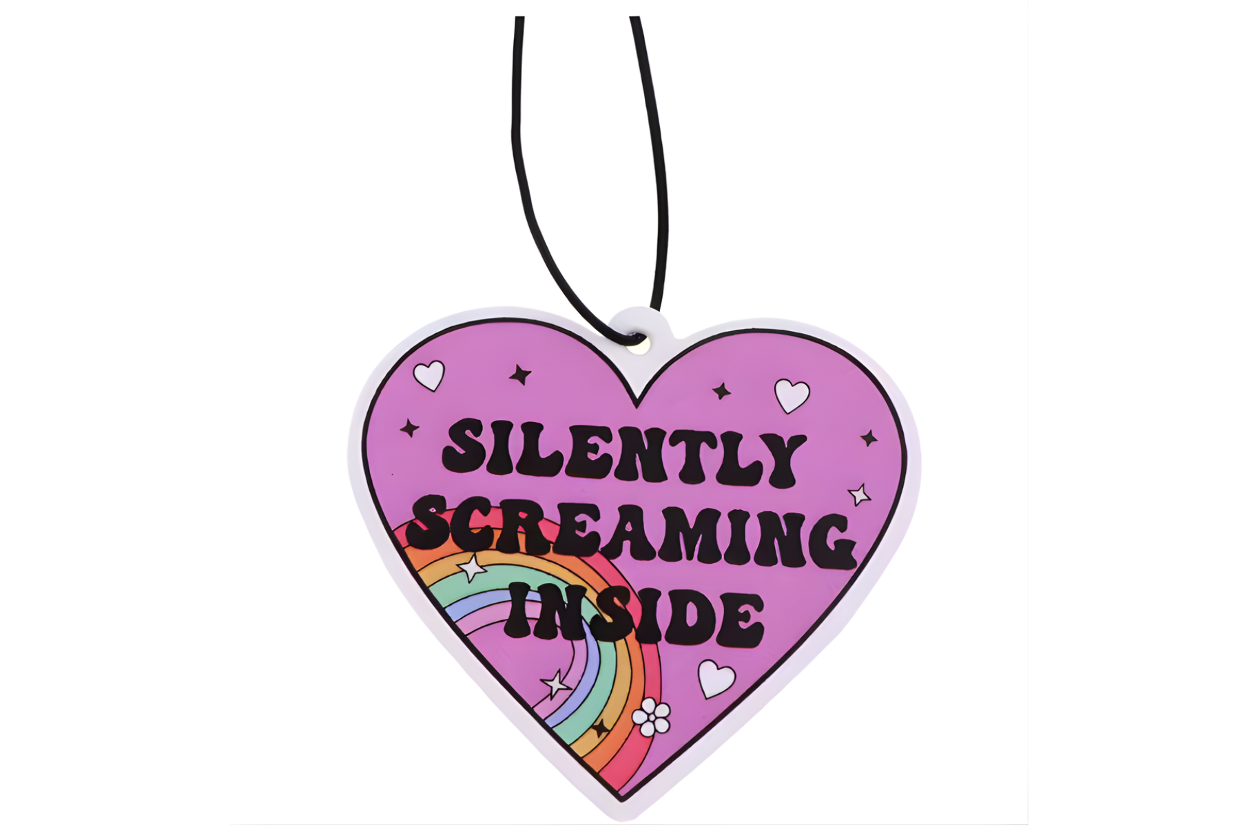 Heart-shaped pendant with 'Silently Screaming Inside' car air freshener with text and rainbow design on a white background